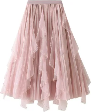 tuduoms Spring Fairy Pleated Tulle Skirts Teen Girls Ruffle Tiered Long Skirts High Waist Party Prom Mesh Flowy Midi Skirt