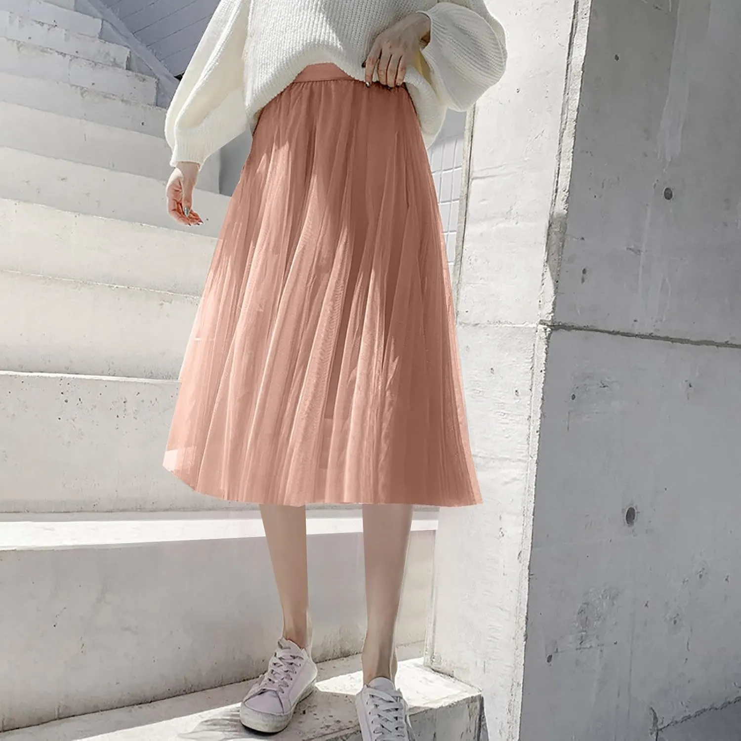 Tulle Skirts for Women Pleated Layered Tutu Skirt Ladies Elegant Flowy Long Skirts Bridesmaid Wedding Midi Skirt