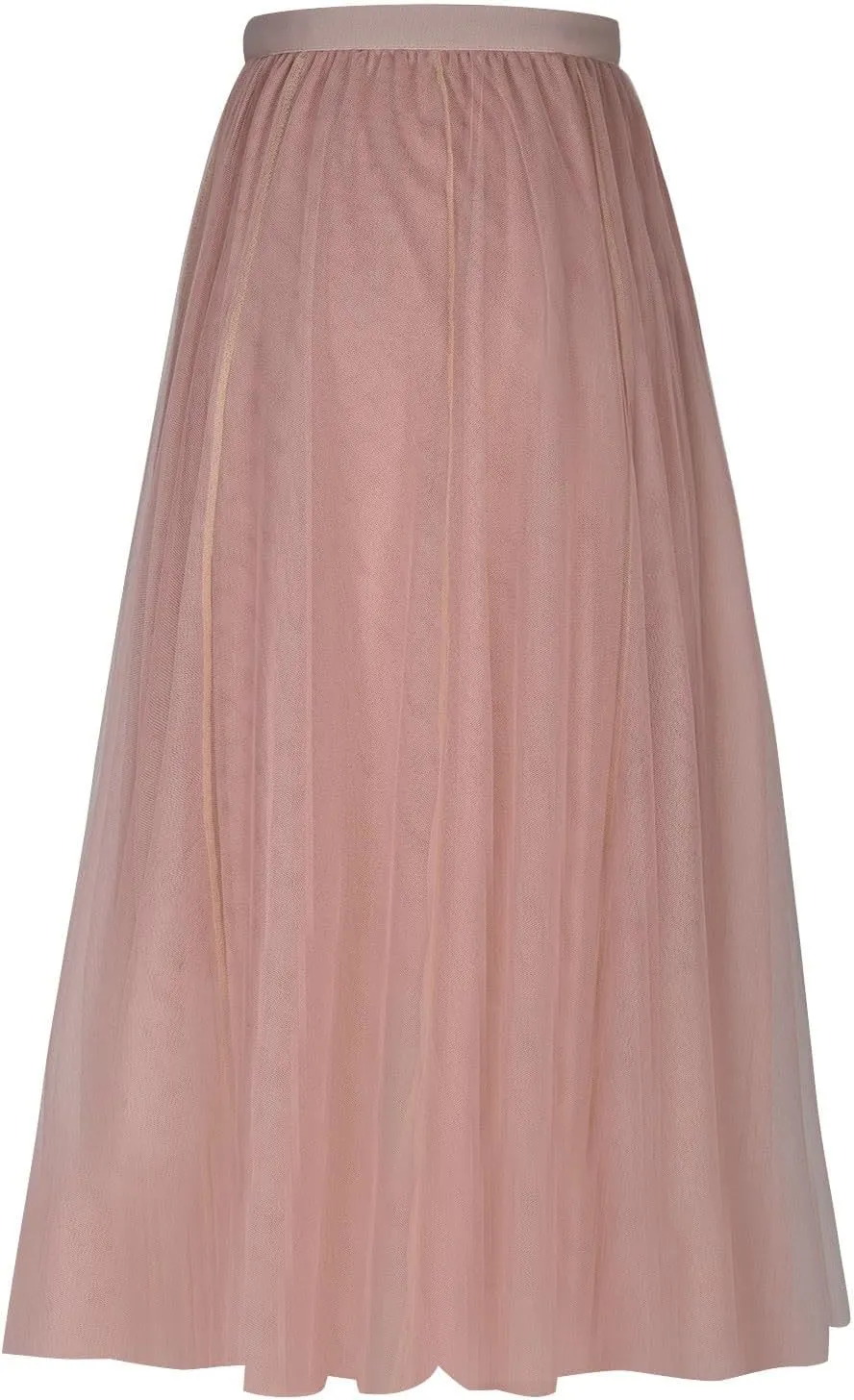 Tulle Skirts for Women Pleated Layered Tutu Skirt Ladies Elegant Flowy Long Skirts Bridesmaid Wedding Midi Skirt