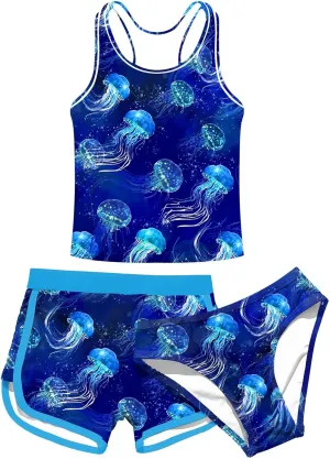 uideazone Girls 3 Piece Bathing Suit Summer UPF 50  Racerback Swimsuit with Shorts Beach Tankini Sets 8-15 Years