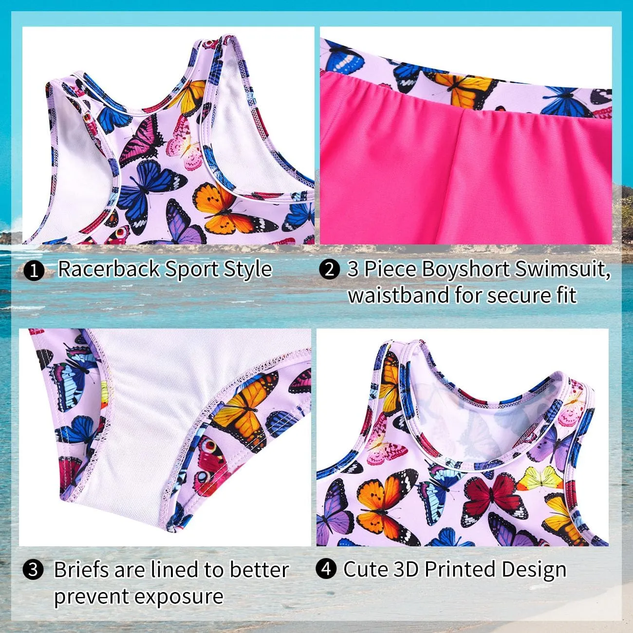 uideazone Girls 3 Piece Bathing Suit Summer UPF 50  Racerback Swimsuit with Shorts Beach Tankini Sets 8-15 Years