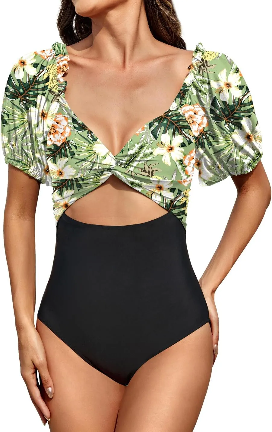 Upopby Women's Cutout One Piece Swimsuit Tummy Control Swimwear Retro Puff Sleeve High Waisted Bathing Suits