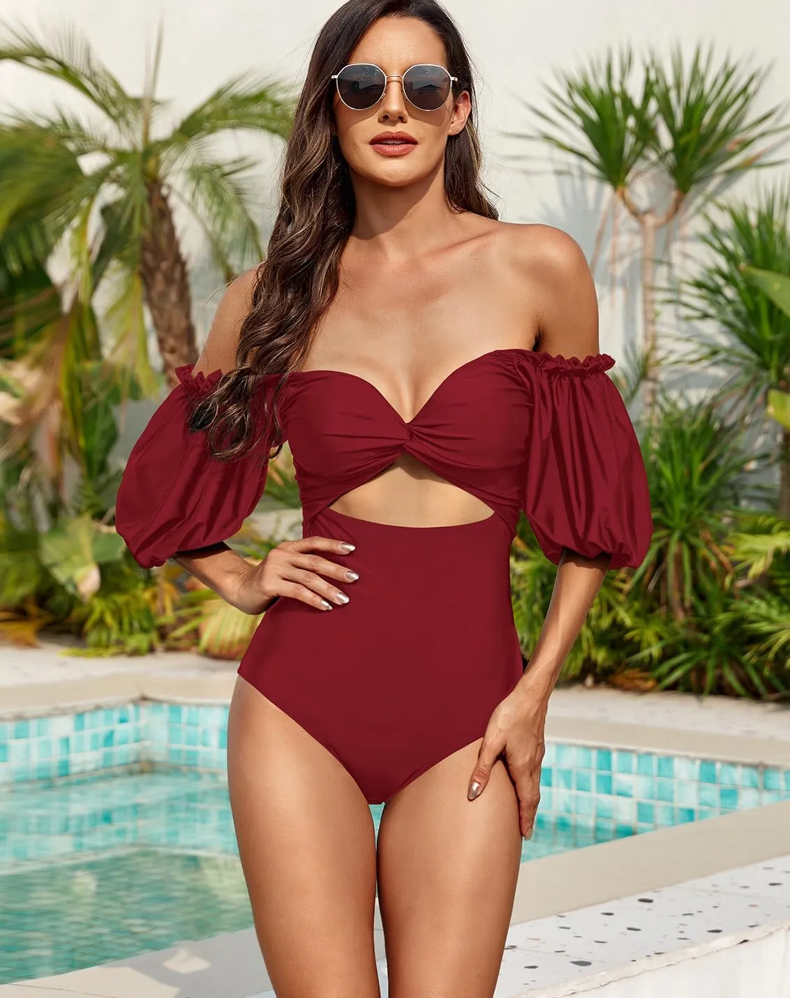 Upopby Women's Cutout One Piece Swimsuit Tummy Control Swimwear Retro Puff Sleeve High Waisted Bathing Suits