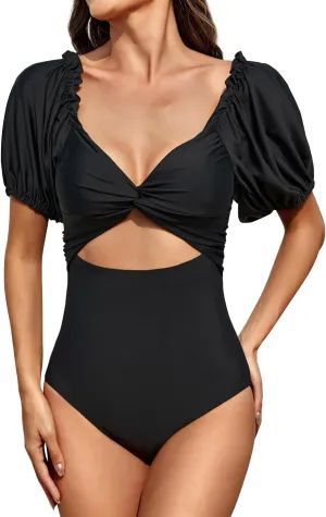 Upopby Women's Cutout One Piece Swimsuit Tummy Control Swimwear Retro Puff Sleeve High Waisted Bathing Suits