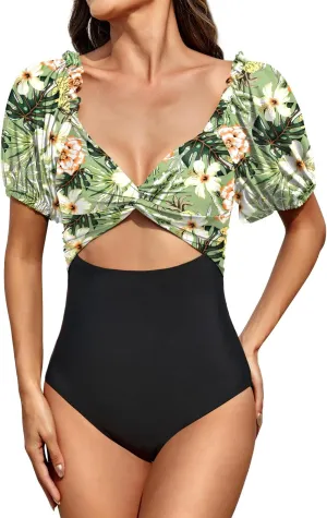 Upopby Women's Cutout One Piece Swimsuit Tummy Control Swimwear Retro Puff Sleeve High Waisted Bathing Suits