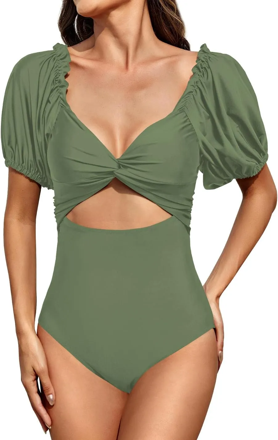 Upopby Women's Cutout One Piece Swimsuit Tummy Control Swimwear Retro Puff Sleeve High Waisted Bathing Suits
