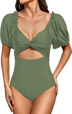 Upopby Women's Cutout One Piece Swimsuit Tummy Control Swimwear Retro Puff Sleeve High Waisted Bathing Suits