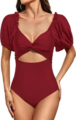 Upopby Women's Cutout One Piece Swimsuit Tummy Control Swimwear Retro Puff Sleeve High Waisted Bathing Suits