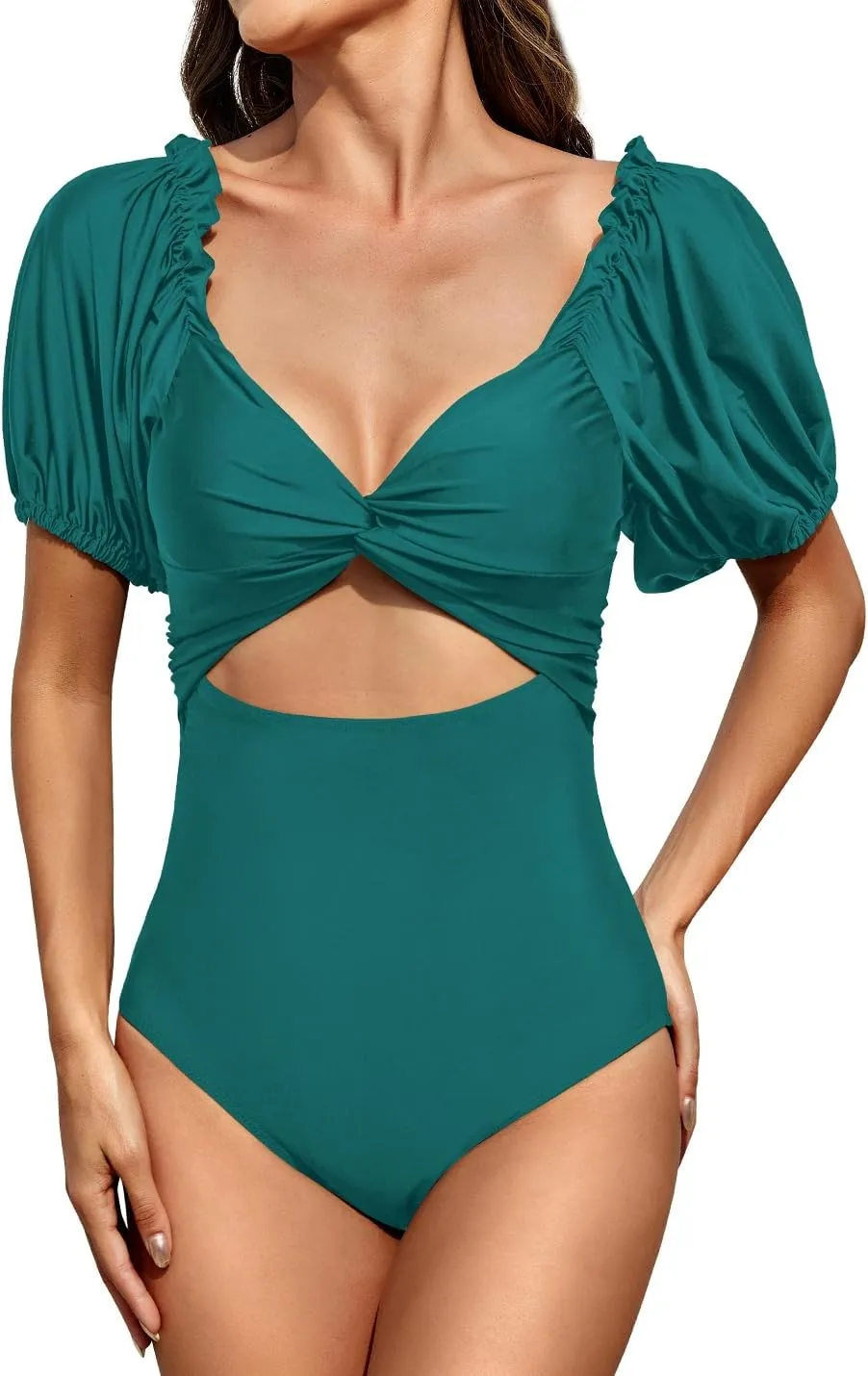 Upopby Women's Cutout One Piece Swimsuit Tummy Control Swimwear Retro Puff Sleeve High Waisted Bathing Suits