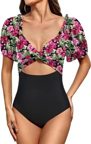 Upopby Women's Cutout One Piece Swimsuit Tummy Control Swimwear Retro Puff Sleeve High Waisted Bathing Suits