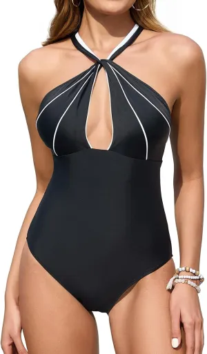 Upopby Women's Sexy Halter One Piece Swimsuits for Women Tummy Control Bathing Suits High Neck Keyhole Backless Swimwear