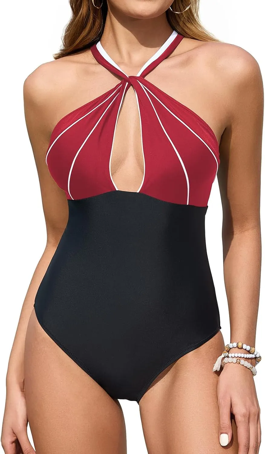 Upopby Women's Sexy Halter One Piece Swimsuits for Women Tummy Control Bathing Suits High Neck Keyhole Backless Swimwear