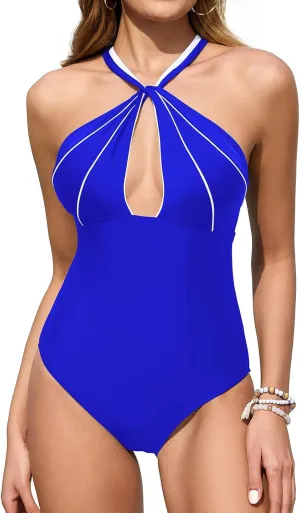Upopby Women's Sexy Halter One Piece Swimsuits for Women Tummy Control Bathing Suits High Neck Keyhole Backless Swimwear