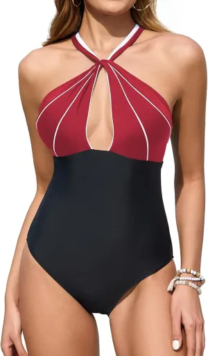 Upopby Women's Sexy Halter One Piece Swimsuits for Women Tummy Control Bathing Suits High Neck Keyhole Backless Swimwear