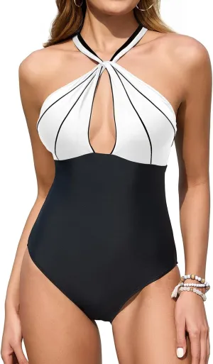 Upopby Women's Sexy Halter One Piece Swimsuits for Women Tummy Control Bathing Suits High Neck Keyhole Backless Swimwear
