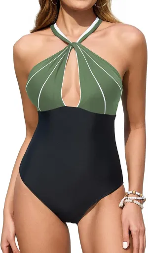 Upopby Women's Sexy Halter One Piece Swimsuits for Women Tummy Control Bathing Suits High Neck Keyhole Backless Swimwear