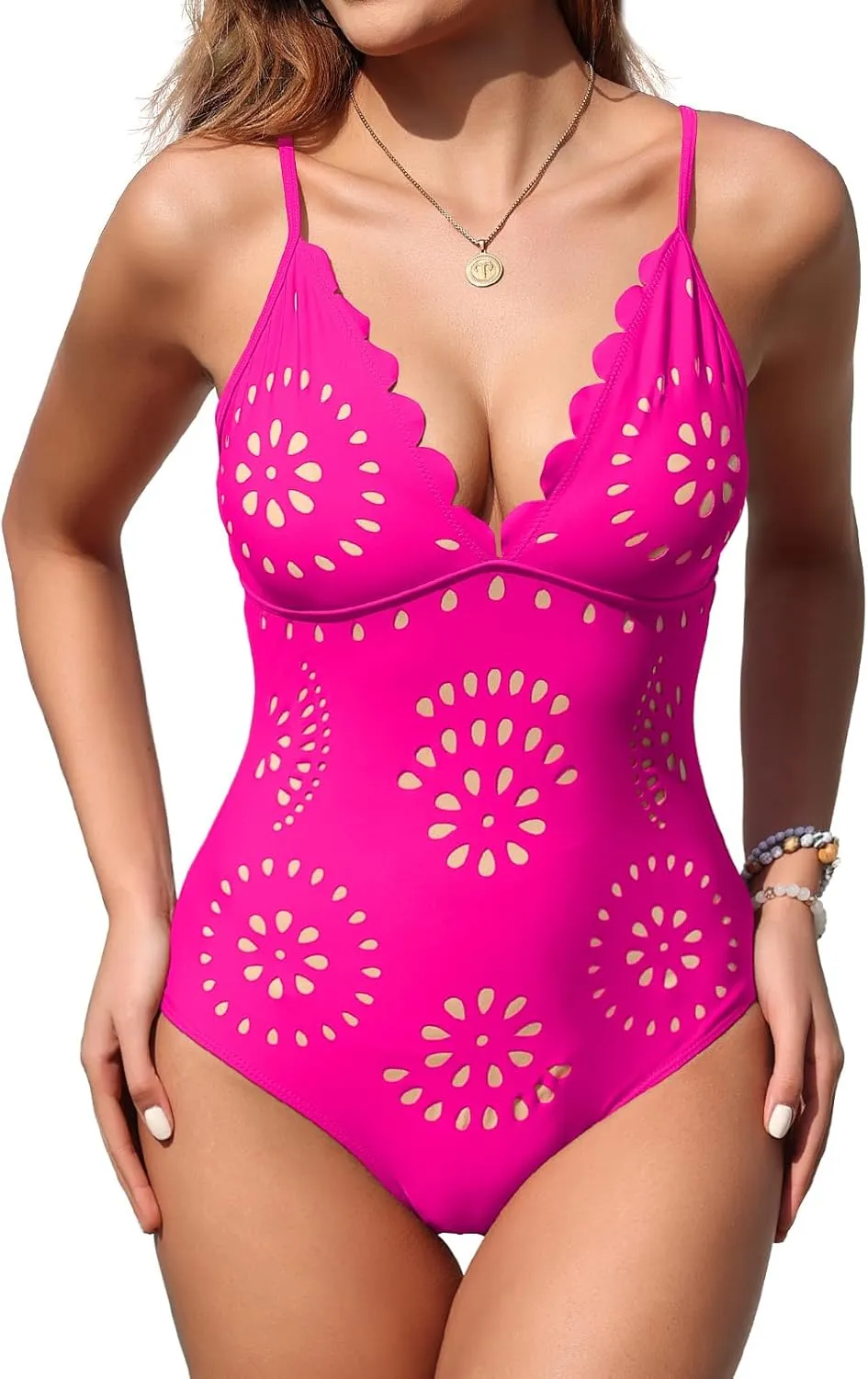 Upopby Women's Sexy One Piece Swimsuit for Women Cheeky Slimming Bathing Suits Scalloped Hollow Out V Neck Monokini Swimwear