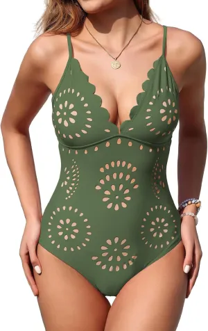 Upopby Women's Sexy One Piece Swimsuit for Women Cheeky Slimming Bathing Suits Scalloped Hollow Out V Neck Monokini Swimwear