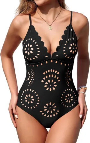 Upopby Women's Sexy One Piece Swimsuit for Women Cheeky Slimming Bathing Suits Scalloped Hollow Out V Neck Monokini Swimwear