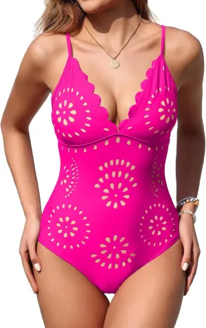 Upopby Women's Sexy One Piece Swimsuit for Women Cheeky Slimming Bathing Suits Scalloped Hollow Out V Neck Monokini Swimwear
