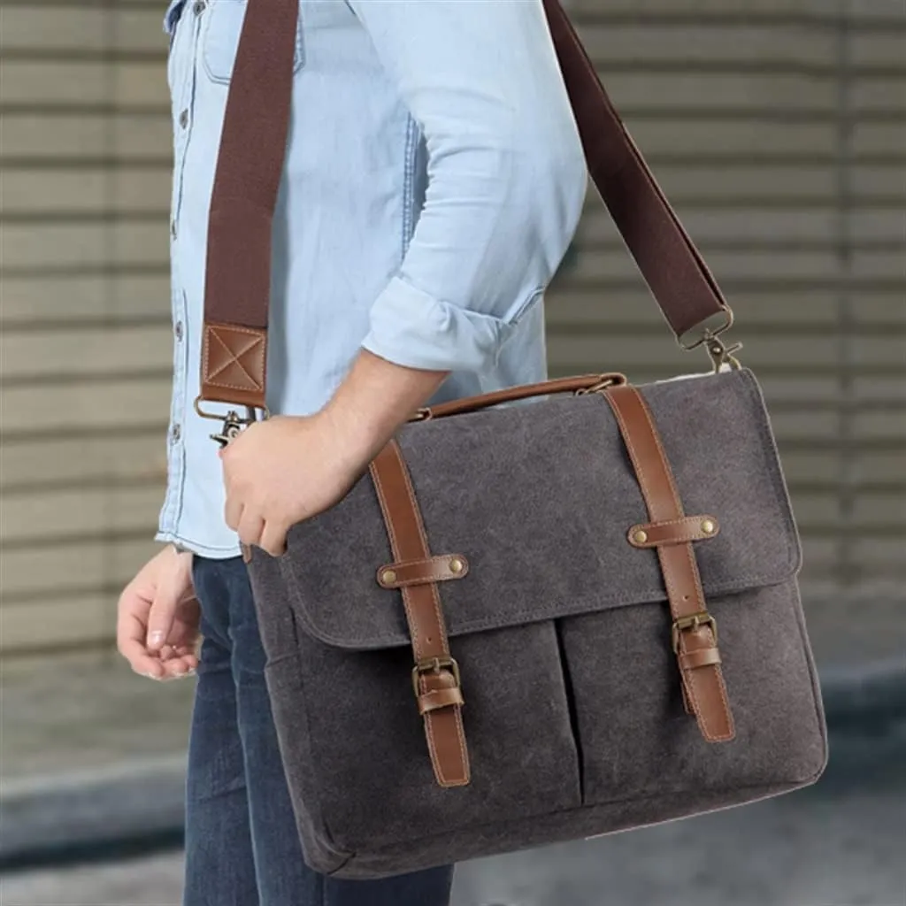 Vintage Men Briefcase Resistant Canvas Messenger Bag For 15 In Laptop Business Satchel Padded