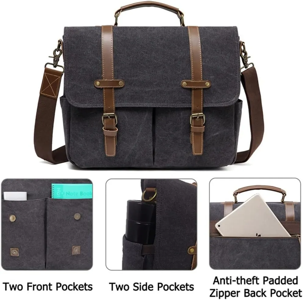Vintage Men Briefcase Resistant Canvas Messenger Bag For 15 In Laptop Business Satchel Padded