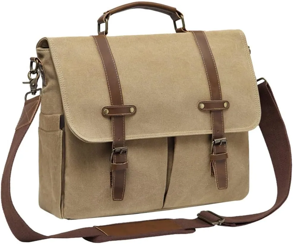 Vintage Men Briefcase Resistant Canvas Messenger Bag For 15 In Laptop Business Satchel Padded