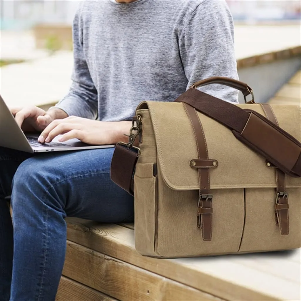 Vintage Men Briefcase Resistant Canvas Messenger Bag For 15 In Laptop Business Satchel Padded