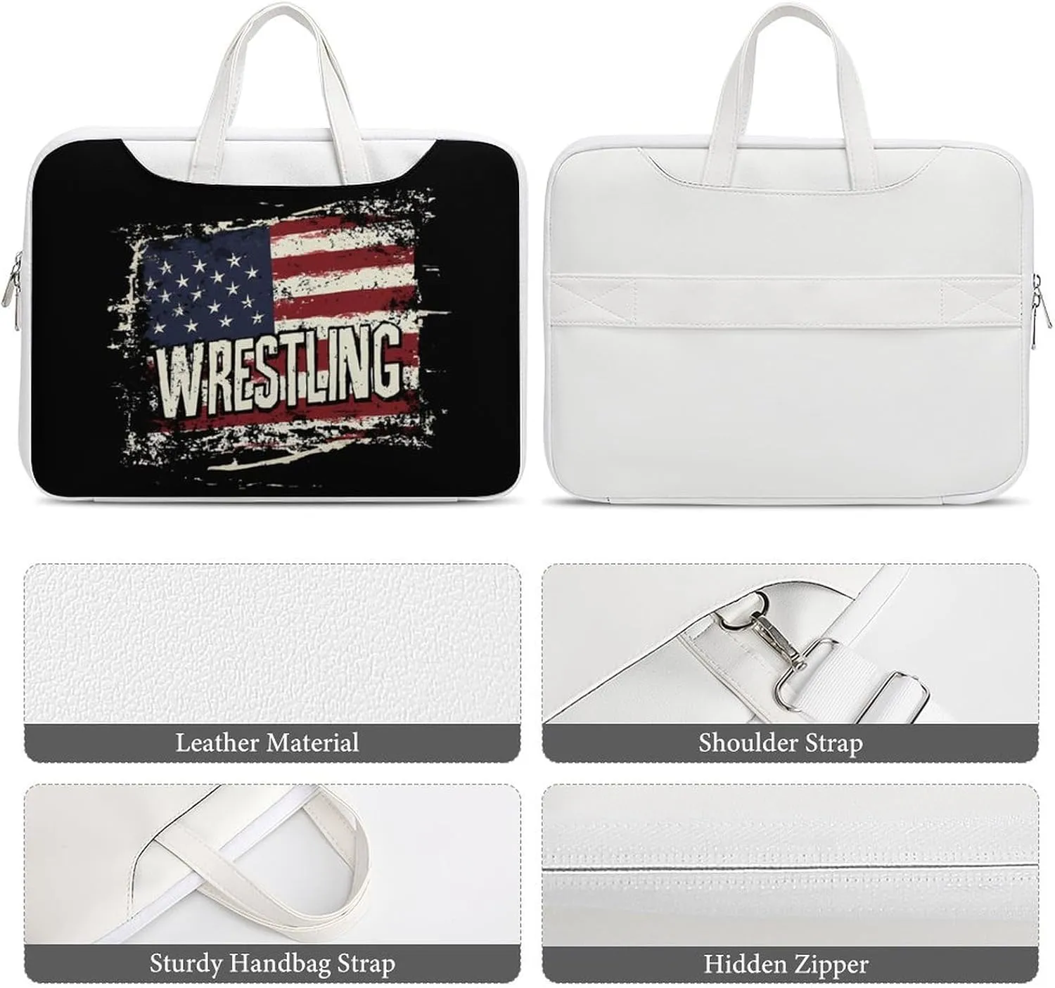 Vintage Wrestling U.S.A Flag Leather Bag Laptop Case Slim Water Resistant Computer Bags with Handle Briefcase for Work