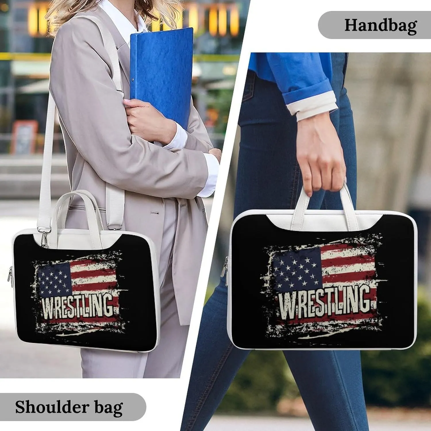 Vintage Wrestling U.S.A Flag Leather Bag Laptop Case Slim Water Resistant Computer Bags with Handle Briefcase for Work