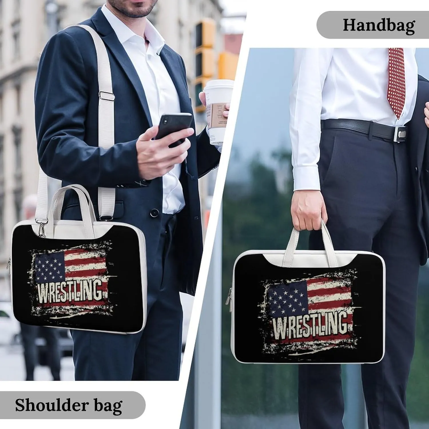 Vintage Wrestling U.S.A Flag Leather Bag Laptop Case Slim Water Resistant Computer Bags with Handle Briefcase for Work