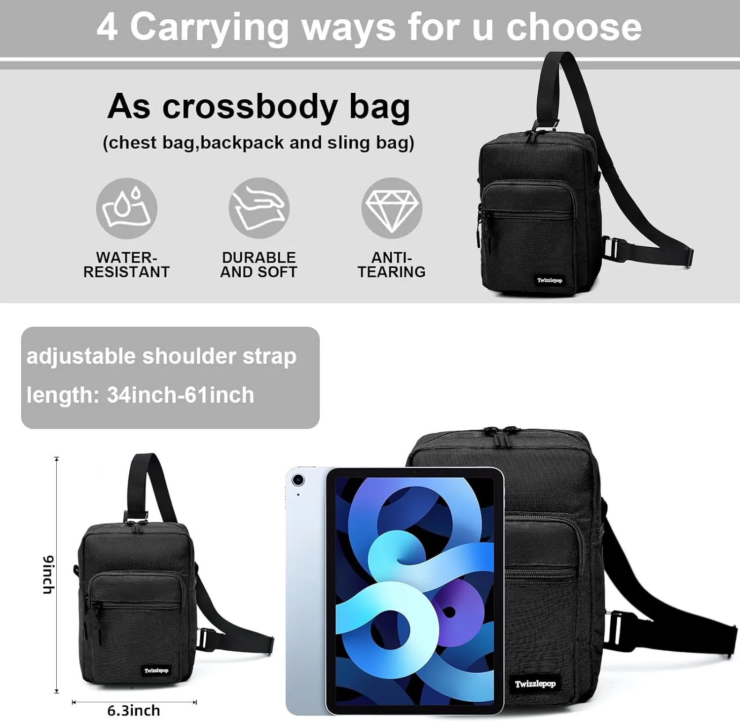 Waterproof Sling Bag For Men And Women, Small Nylon Crossbody Sling Backpack With Multi Pocket, Adjustable Chest Bag For Travel, Hiking, Workout - Black