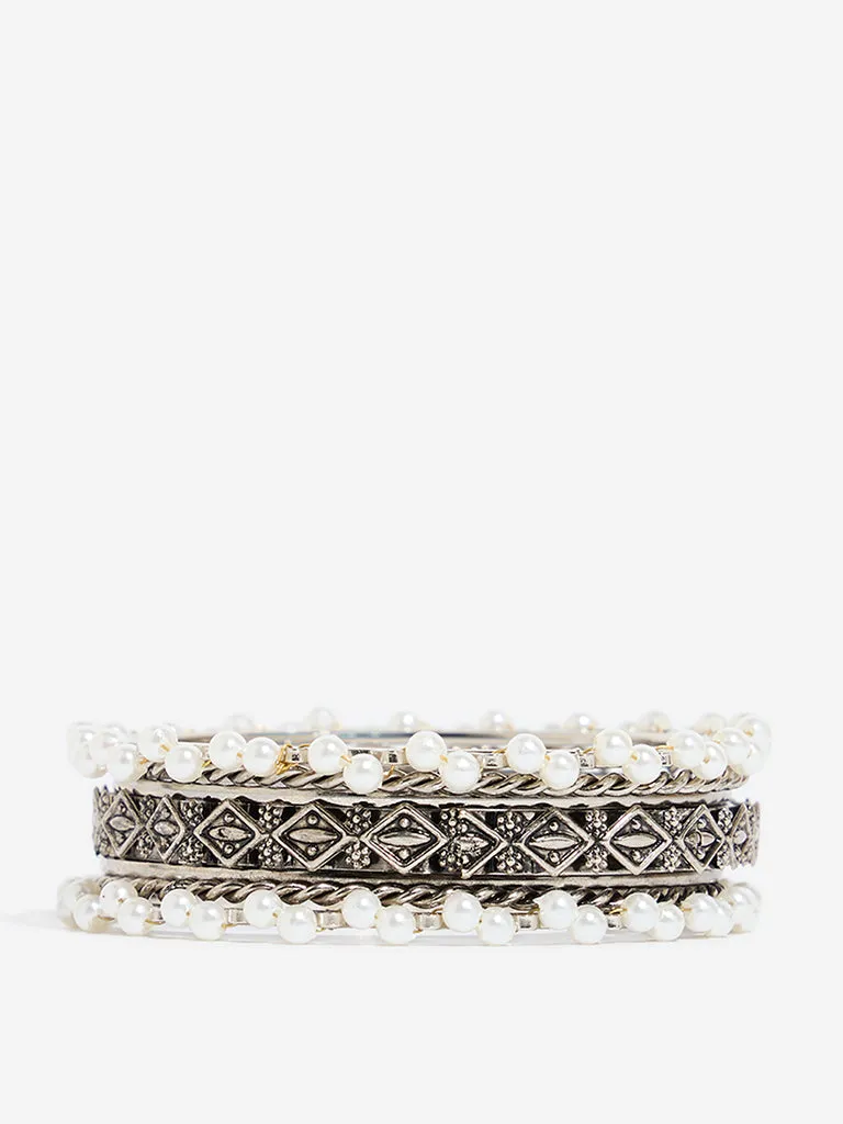 Westside Accessories Silver Pearl Embellished & Carved Bangles Set