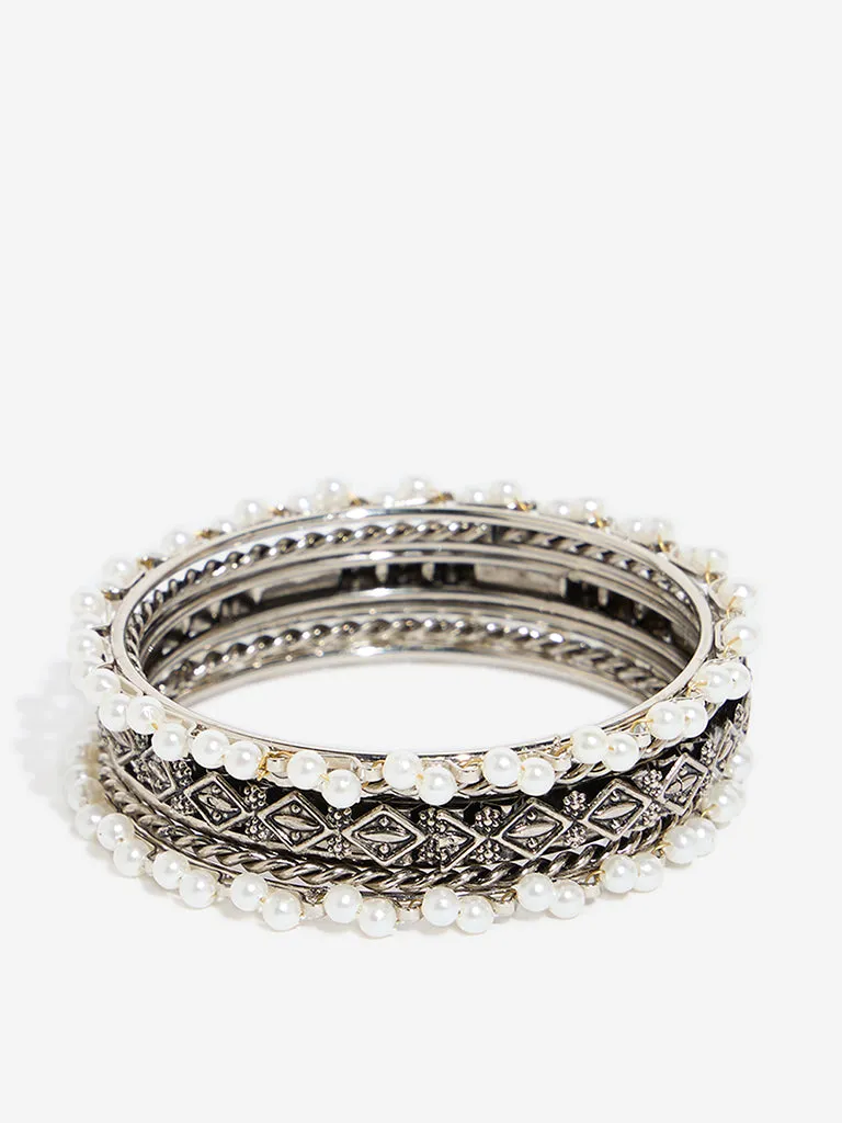 Westside Accessories Silver Pearl Embellished & Carved Bangles Set