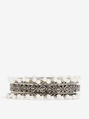 Westside Accessories Silver Pearl Embellished & Carved Bangles Set