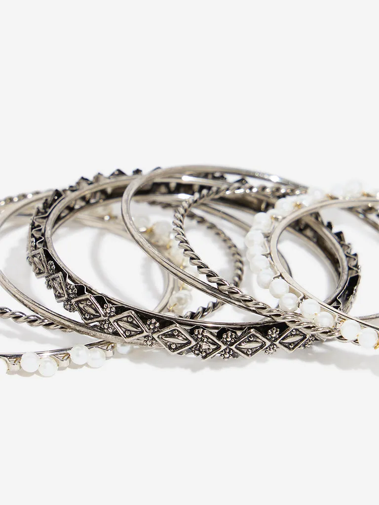 Westside Accessories Silver Pearl Embellished & Carved Bangles Set