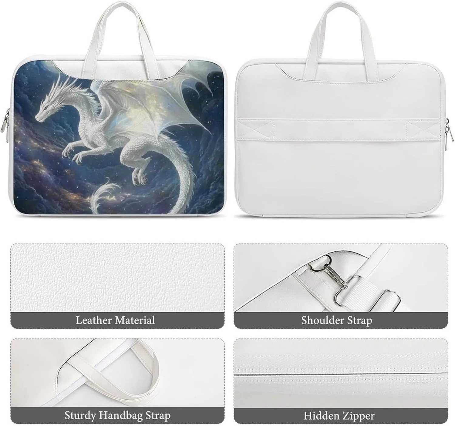 White Dragon Soaring Moon Moonlight Leather Bag Laptop Case Slim Water Resistant Computer Bags with Handle Briefcase for Work
