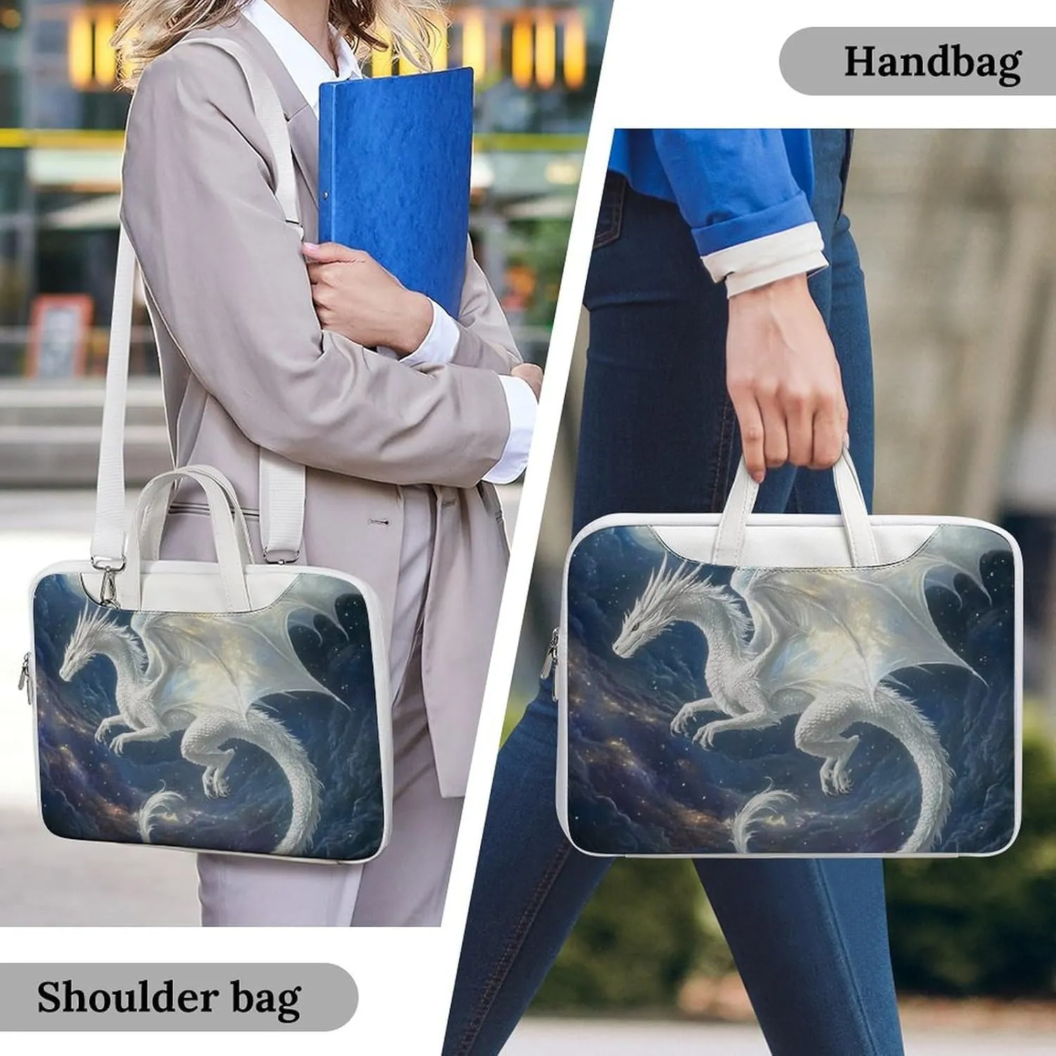 White Dragon Soaring Moon Moonlight Leather Bag Laptop Case Slim Water Resistant Computer Bags with Handle Briefcase for Work
