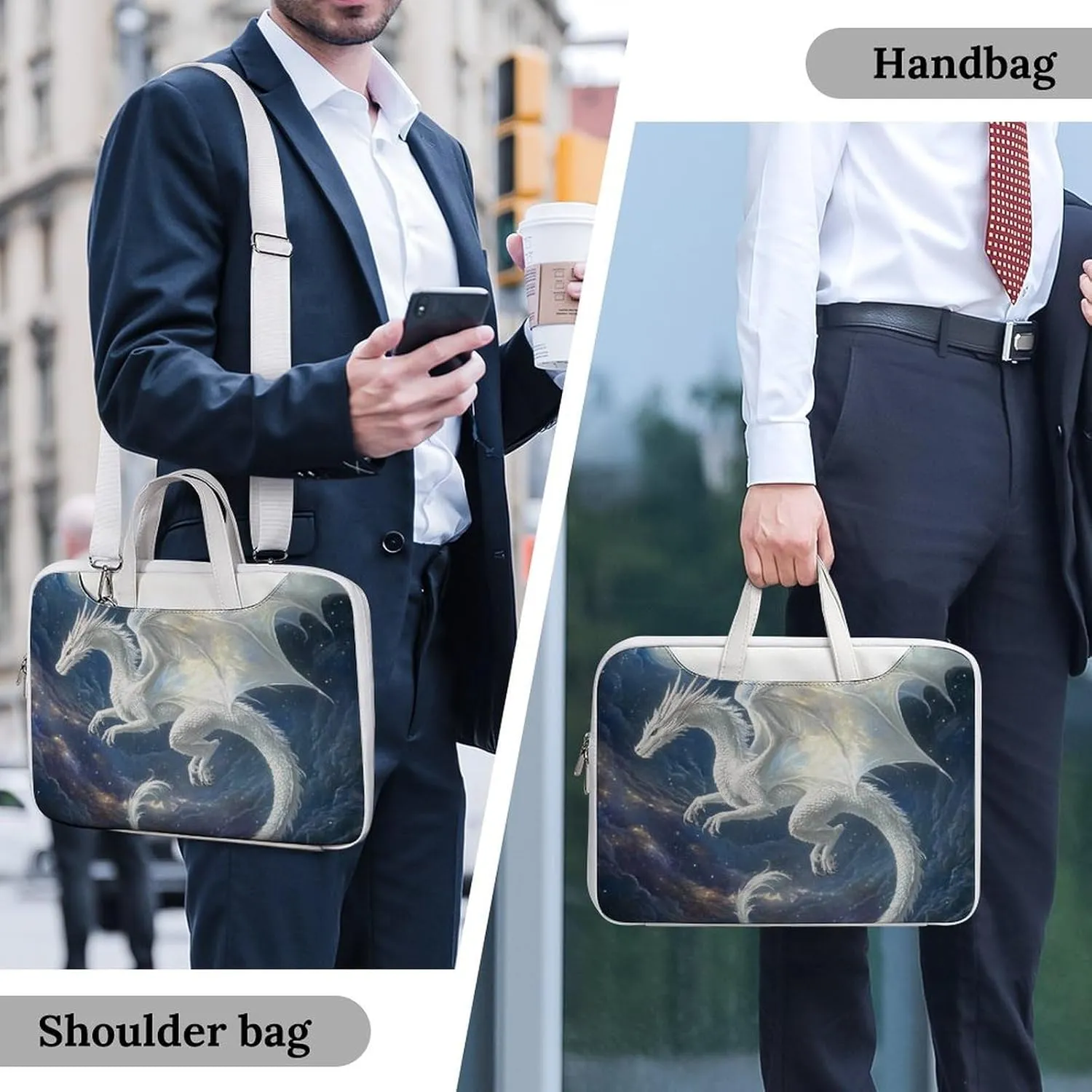 White Dragon Soaring Moon Moonlight Leather Bag Laptop Case Slim Water Resistant Computer Bags with Handle Briefcase for Work