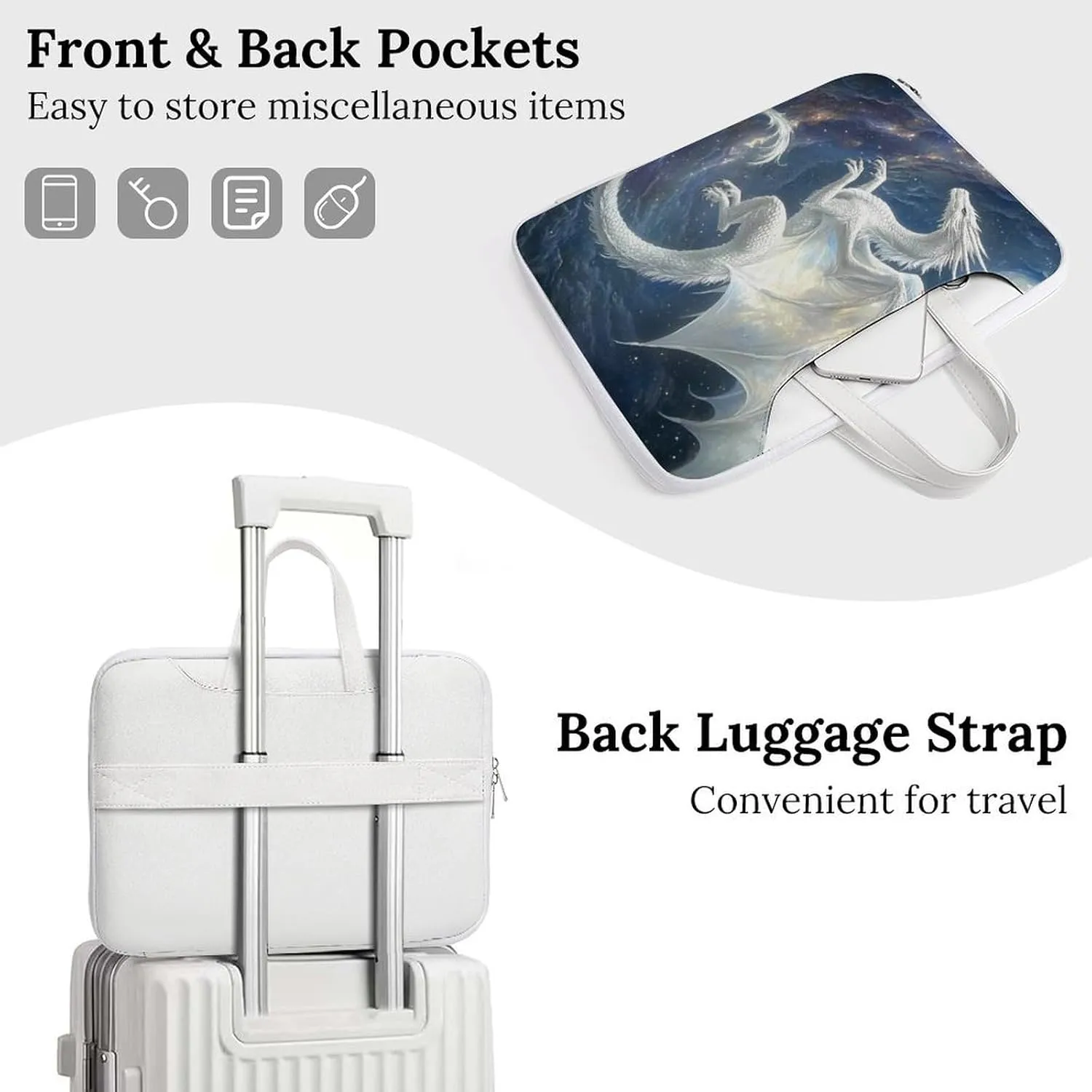 White Dragon Soaring Moon Moonlight Leather Bag Laptop Case Slim Water Resistant Computer Bags with Handle Briefcase for Work