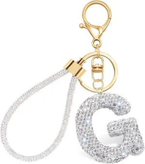 White Initial Letter Keychain Gifts for Women,Bling Rhinestones Alphabet A-Z Letter Key Chain with Wristlet for Car Key