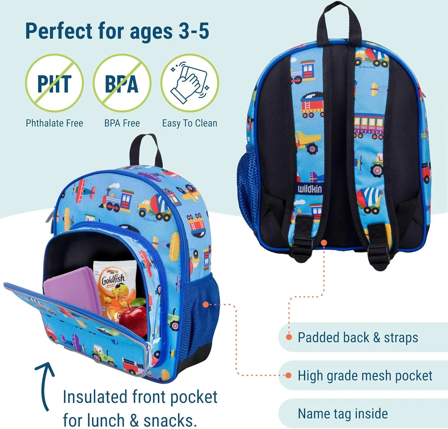 Wildkin 12-inch Kids Backpack  Padded, Adjustable, Ideal for Daycare & Travel - Trains, Planes, and Trucks