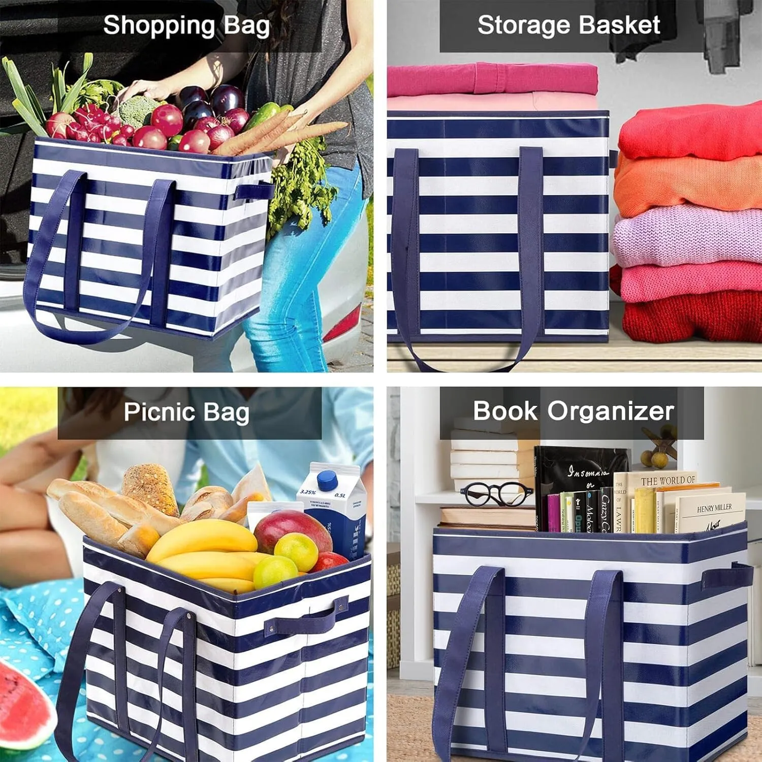 WISELIFE 3 Pack Reusable Grocery Bags Large Water Resistant Grocery Collapsible Heavy Duty Tote Bags for Shopping Picnic