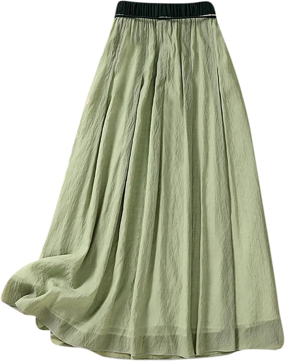 Women Cotton Linen Midi Skirt with Lining Flowy Casual Pleated A-Line Skirts Elastic Lace-Up High Waist Beach Skirt
