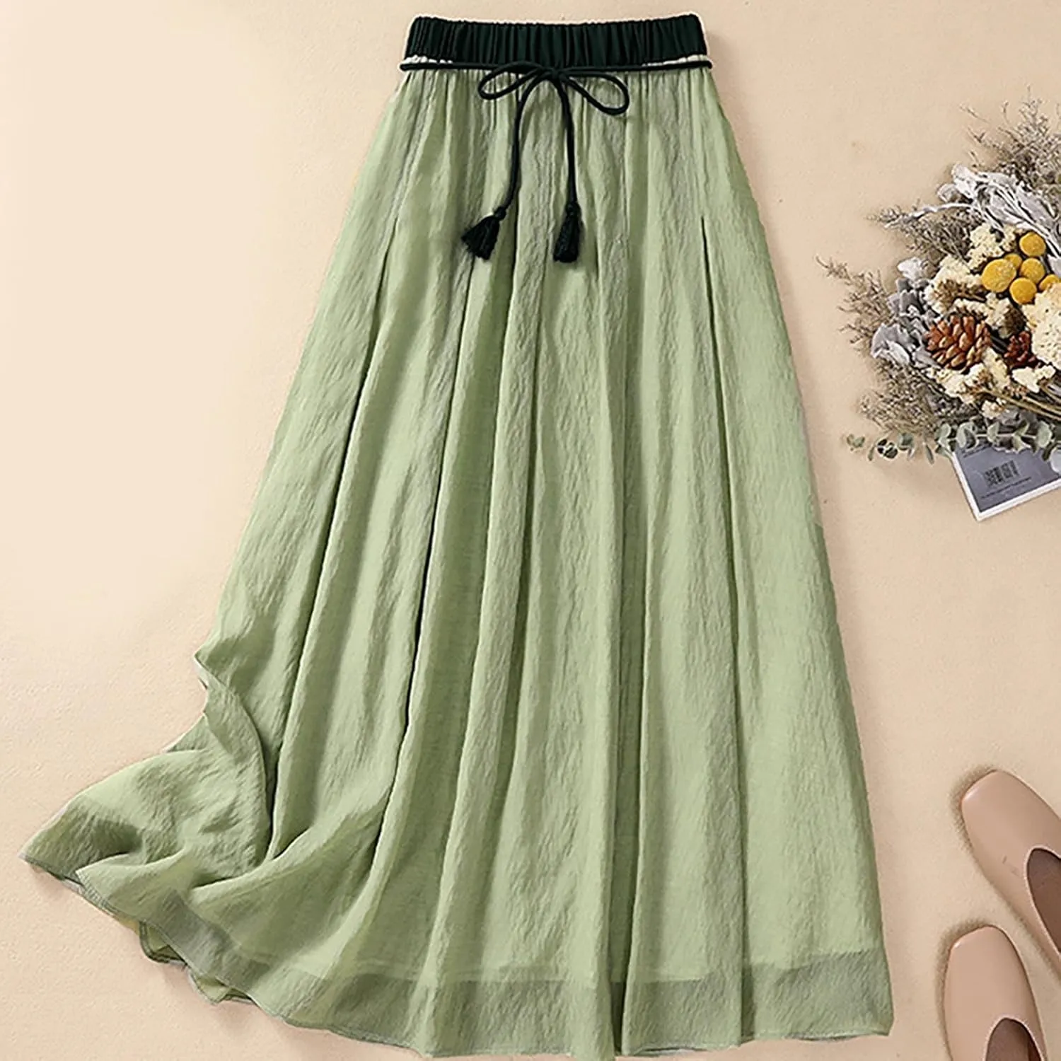 Women Cotton Linen Midi Skirt with Lining Flowy Casual Pleated A-Line Skirts Elastic Lace-Up High Waist Beach Skirt