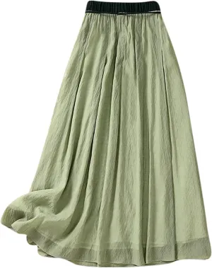 Women Cotton Linen Midi Skirt with Lining Flowy Casual Pleated A-Line Skirts Elastic Lace-Up High Waist Beach Skirt