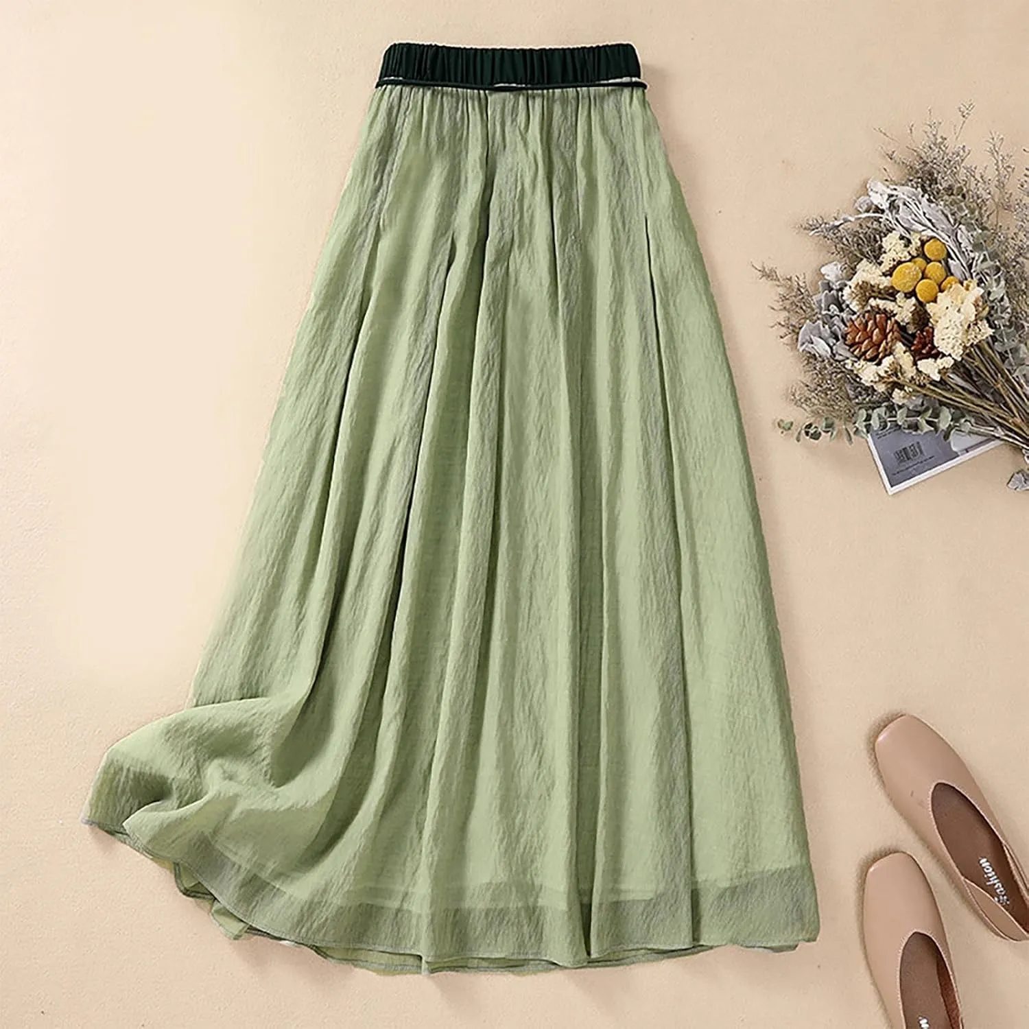 Women Cotton Linen Midi Skirt with Lining Flowy Casual Pleated A-Line Skirts Elastic Lace-Up High Waist Beach Skirt