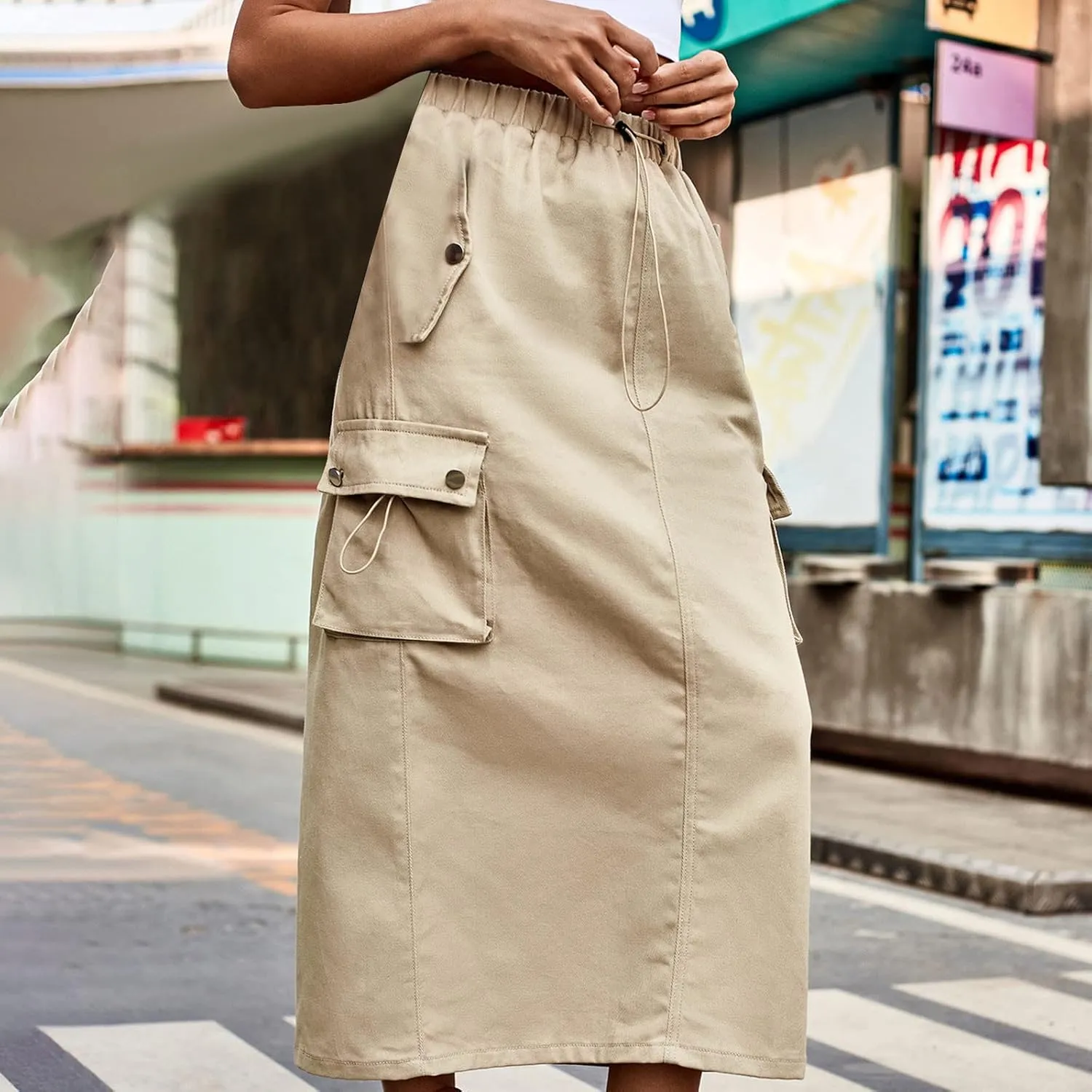 Women Denim Cargo Long Skirts Drawstring High Waisted Pencil Skirt Flowy A-line Midi Jean Skirt with Flap Pockets