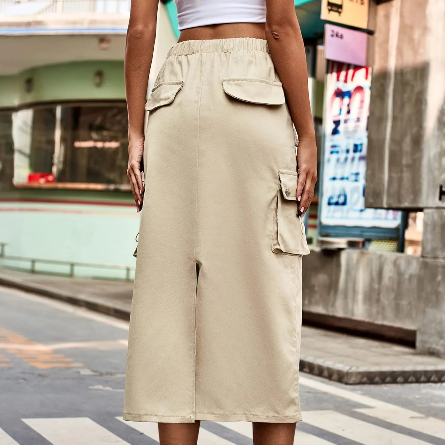 Women Denim Cargo Long Skirts Drawstring High Waisted Pencil Skirt Flowy A-line Midi Jean Skirt with Flap Pockets