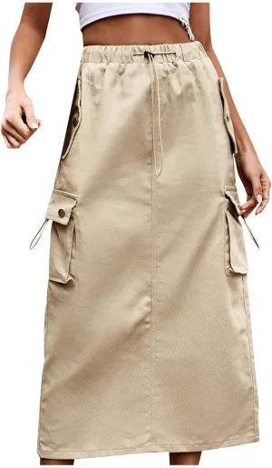 Women Denim Cargo Long Skirts Drawstring High Waisted Pencil Skirt Flowy A-line Midi Jean Skirt with Flap Pockets